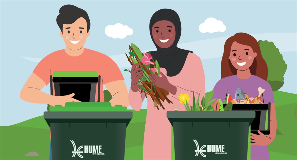 Illustration of three people holding kitchen caddies and garden clippings ready to put them in their green bins