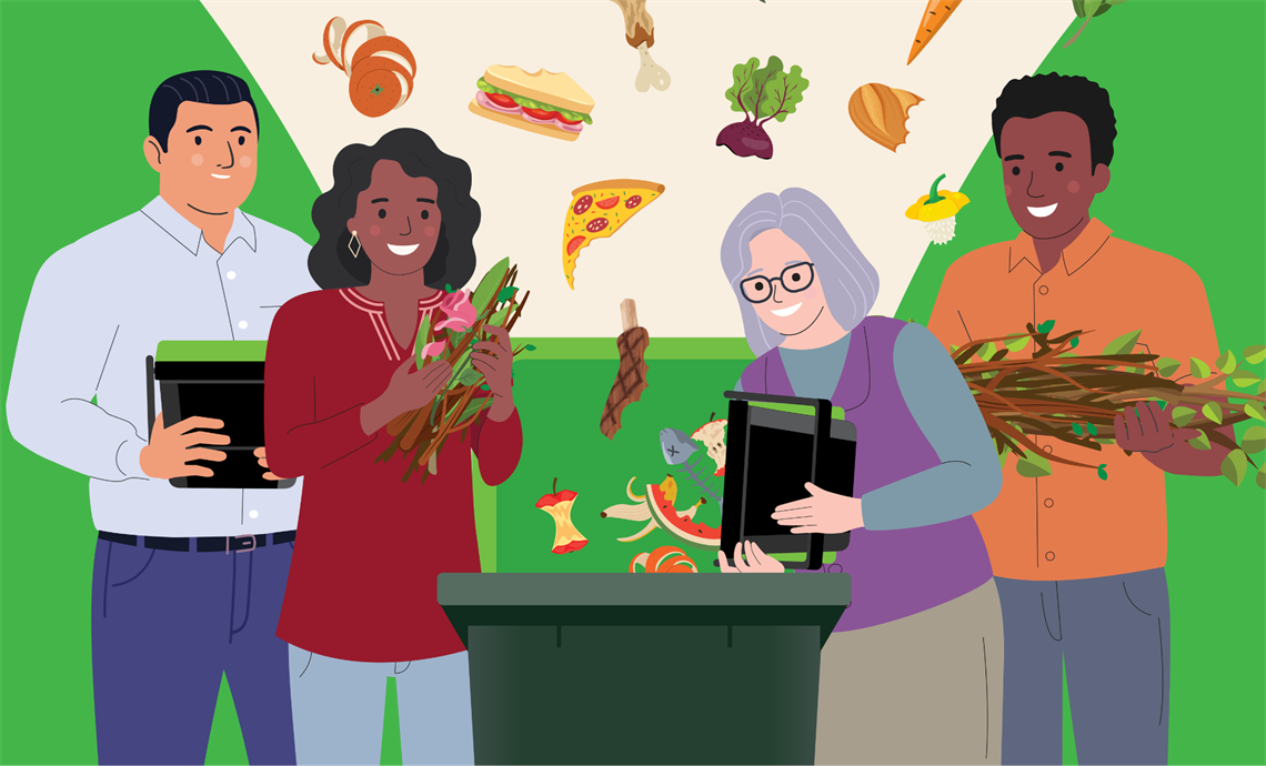 Illustration of four people standing around a green-lidded bin