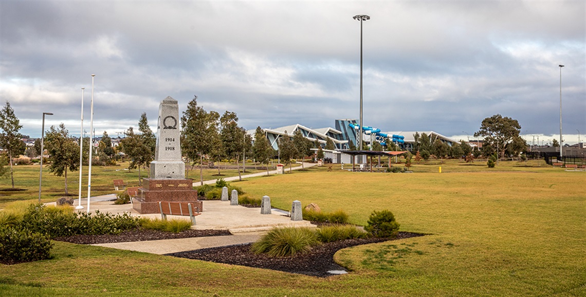View of war memorial and water park