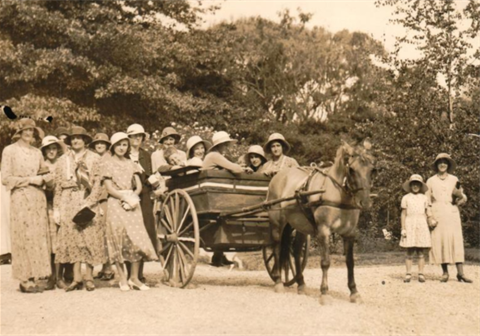 A group of people standing next to a horse and carriage.png