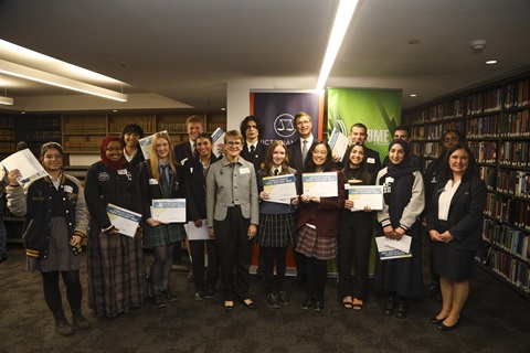 Group of students holding awards who won the 2022 Victorian Bar Student Awards