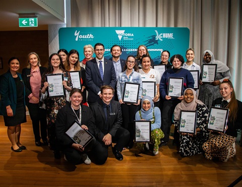 Group photo of the winners of the young leaders awards 2022 including the mayor and members of the hume city council