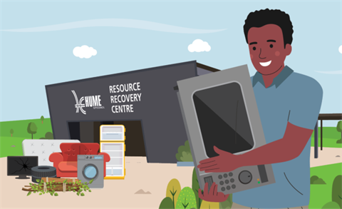 A Hume resident holding a microwave outside a Resource Recovery Centre