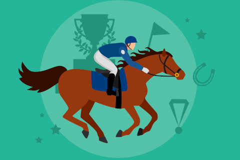 Cartoon image of jocket riding a horse