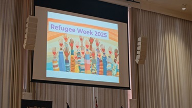 Refugee week 2025 artwork displayed on a big screen