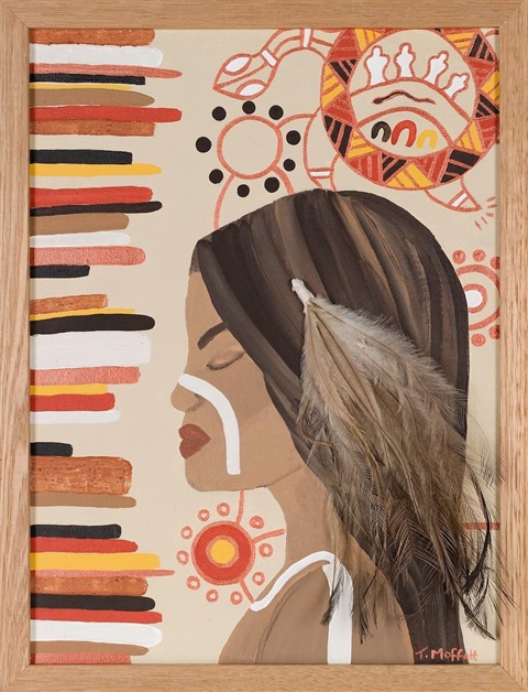 Painting of the side profile of a woman with indigenous inspired background-Pieces By Me artwork-Exhibition promotional image