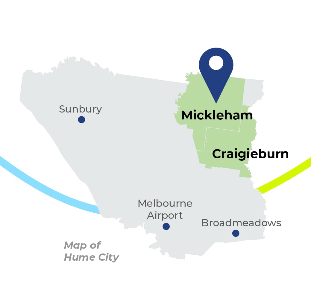 Map of Hume City, highlighting the north east areas Mickleham and Craigieburn. 